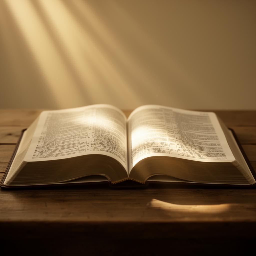 Biblia abierta con luz celestial